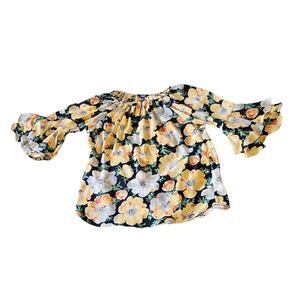 Chaps Floral Blouse Women’s Medium Black Yellow Sheer Bell Sleeve Top